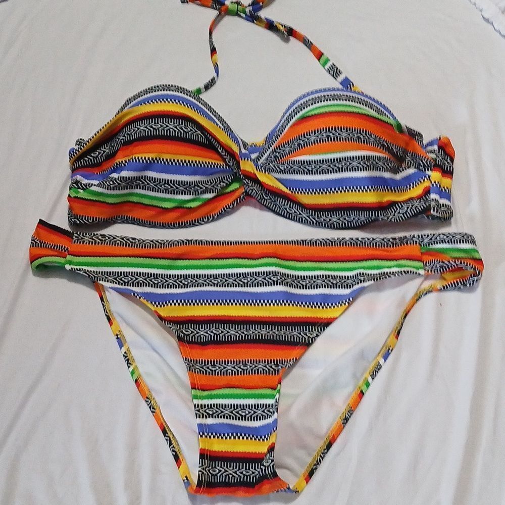 Push Up Twist Bandeau Bikini Set bright colorful beach cruise Sz XXL NWOT